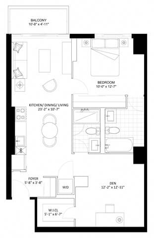 Floor plan for 1 bed, 2 baths, 809 sqft